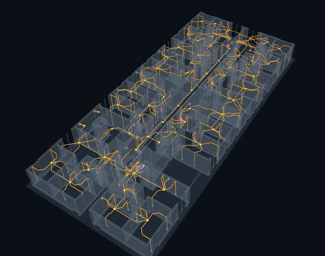 Modelo 3D do pavimento com a tubulação elétrica em laranja